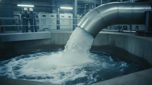 Stainless steel pipe discharging water into an industrial basin with workers observing from a walkway above